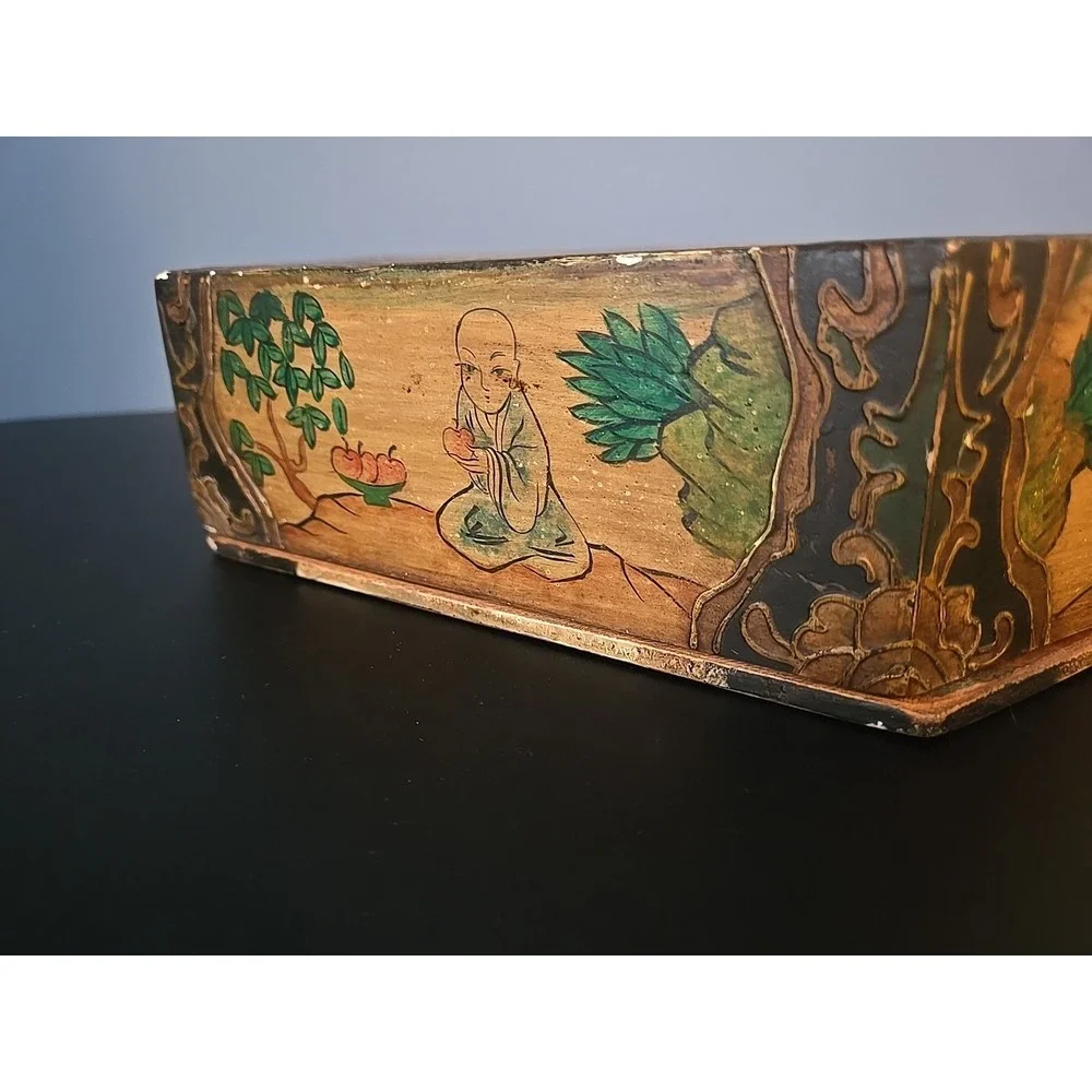 Antique Large Hexagonal Wooden Box Asian Hand Painted 6 Inside Compartments Rare